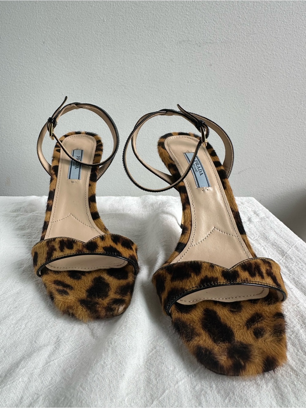Prada Leopard-Print Ankle-Strap Heels with Gold heel in size 36